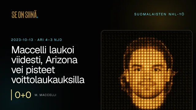 Maccelli laukoi viidesti, Arizona vei pisteet voittolaukauksilla. M. Maccelli. ARI 4–3 NJD