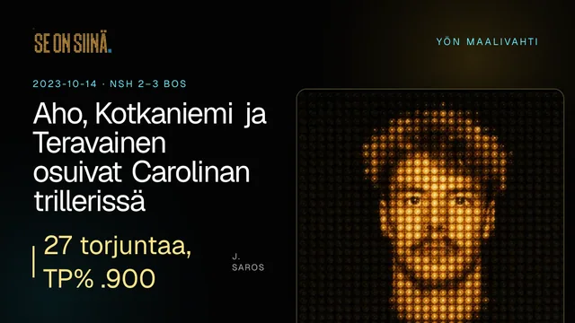 Aho, Kotkaniemi ja Teravainen osuivat Carolinan trillerissä. J. Saros. NSH 2–3 BOS