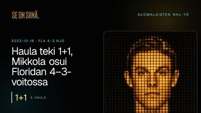 Haula teki 1+1, Mikkola osui Floridan 4–3-voitossa. E. Haula. FLA 4–3 NJD