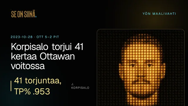 Korpisalo torjui 41 kertaa Ottawan voitossa. J. Korpisalo. OTT 5–2 PIT