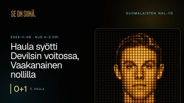 Haula syötti Devilsin voitossa, Vaakanainen nollilla Anaheimissa. E. Haula. NJD 4–2 CHI