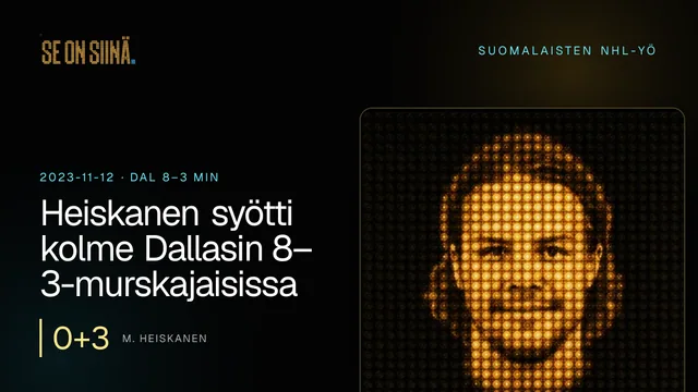 Heiskanen syötti kolme Dallasin 8–3-murskajaisissa. M. Heiskanen. DAL 8–3 MIN