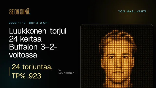 Luukkonen torjui 24 kertaa Buffalon 3–2-voitossa. U. Luukkonen. BUF 3–2 CHI