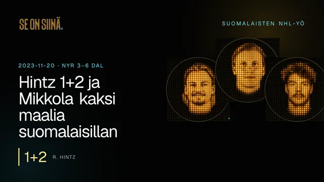 Hintz 1+2 ja Mikkola kaksi maalia suomalaisillan kärjessä. R. Hintz, N. Mikkola, J. Saros. NYR 3–6 DAL