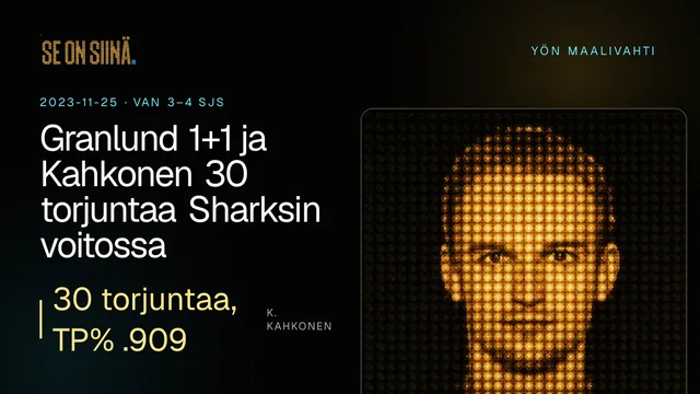 Granlund 1+1 ja Kahkonen 30 torjuntaa Sharksin voitossa. K. Kahkonen. VAN 3–4 SJS
