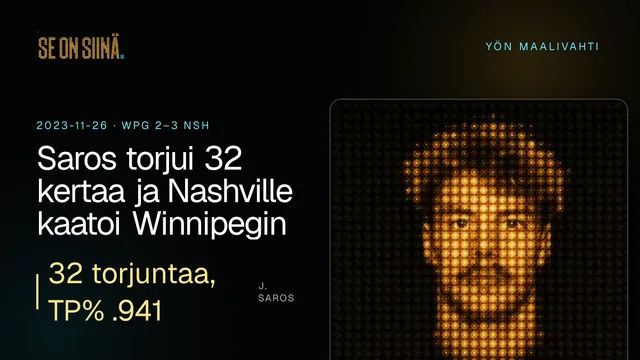 Saros torjui 32 kertaa ja Nashville kaatoi Winnipegin. J. Saros. WPG 2–3 NSH