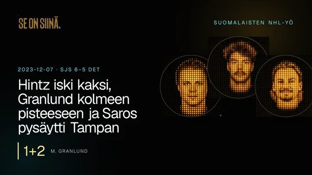 Hintz iski kaksi, Granlund kolmeen pisteeseen ja Saros pysäytti Tampan. M. Granlund, J. Saros, R. Hintz. SJS 6–5 DET
