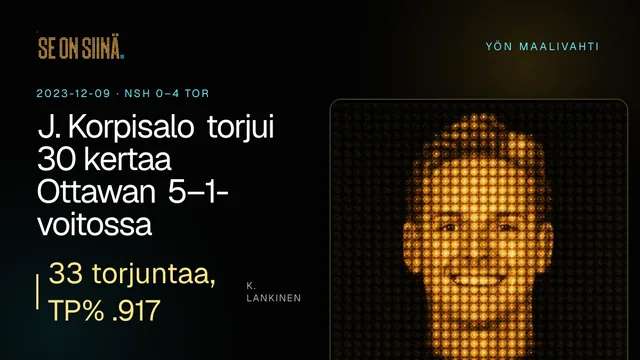 J. Korpisalo torjui 30 kertaa Ottawan 5–1-voitossa. K. Lankinen. NSH 0–4 TOR