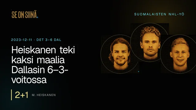 Heiskanen teki kaksi maalia Dallasin 6–3-voitossa. M. Heiskanen, M. Rantanen, E. Lindell. DET 3–6 DAL