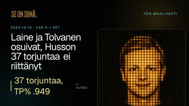 Laine ja Tolvanen osuivat, Husson 37 torjuntaa ei riittänyt. V. Husso. CAR 2–1 DET