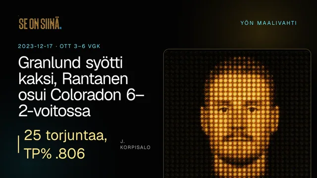 Granlund syötti kaksi, Rantanen osui Coloradon 6–2-voitossa. J. Korpisalo. OTT 3–6 VGK
