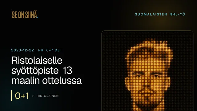 Ristolaiselle syöttöpiste 13 maalin ottelussa. R. Ristolainen. PHI 6–7 DET