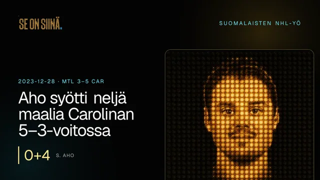 Aho syötti neljä maalia Carolinan 5–3-voitossa. S. Aho. MTL 3–5 CAR