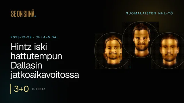 Hintz iski hattutempun Dallasin jatkoaikavoitossa. R. Hintz, A. Barkov, J. Korpisalo. CHI 4–5 DAL