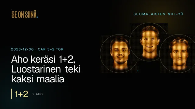 Aho keräsi 1+2, Luostarinen teki kaksi maalia. S. Aho, E. Luostarinen, U. Luukkonen. CAR 3–2 TOR