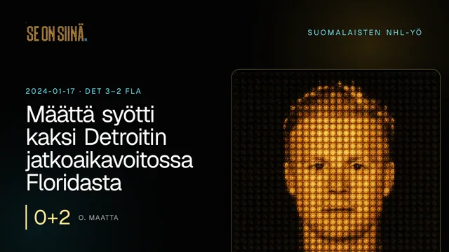 Määttä syötti kaksi Detroitin jatkoaikavoitossa Floridasta. O. Maatta. DET 3–2 FLA
