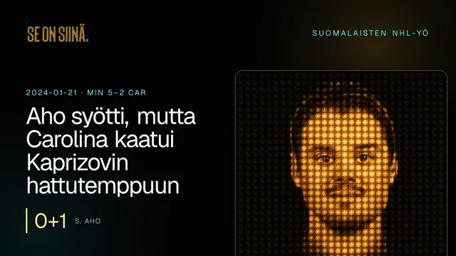 Aho syötti, mutta Carolina kaatui Kaprizovin hattutemppuun. S. Aho. MIN 5–2 CAR