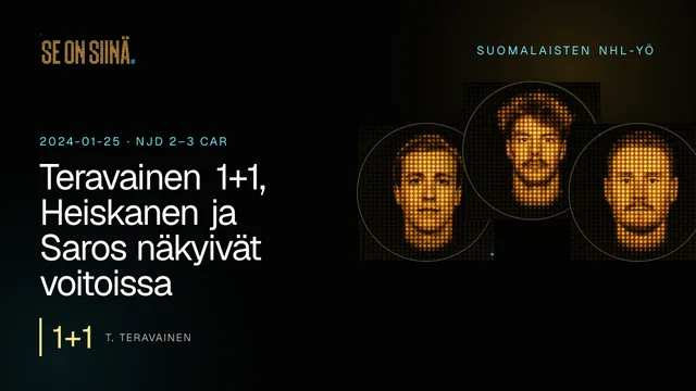 Teravainen 1+1, Heiskanen ja Saros näkyivät voitoissa. T. Teravainen, J. Saros, J. Korpisalo. NJD 2–3 CAR