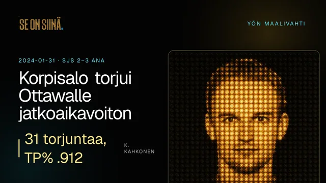 Korpisalo torjui Ottawalle jatkoaikavoiton. K. Kahkonen. SJS 2–3 ANA