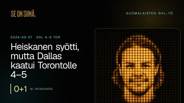 Heiskanen syötti, mutta Dallas kaatui Torontolle 4–5. M. Heiskanen. DAL 4–5 TOR