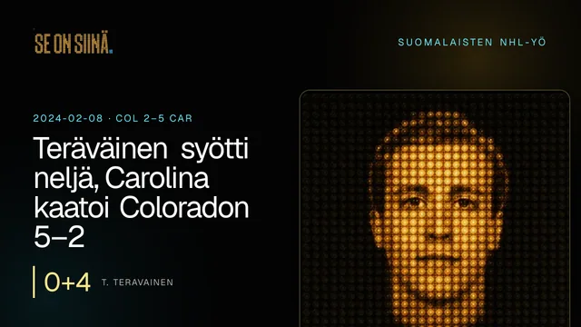 Teräväinen syötti neljä, Carolina kaatoi Coloradon 5–2. T. Teravainen. COL 2–5 CAR