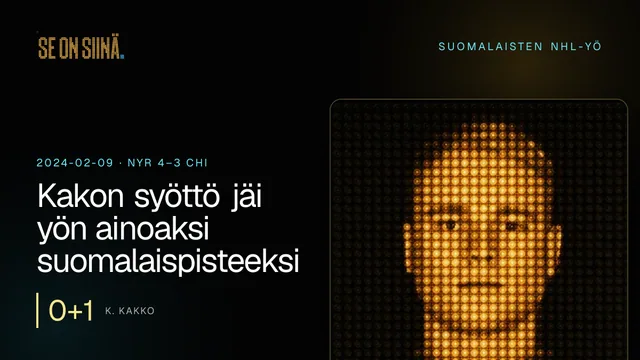 Kakon syöttö jäi yön ainoaksi suomalaispisteeksi. K. Kakko. NYR 4–3 CHI