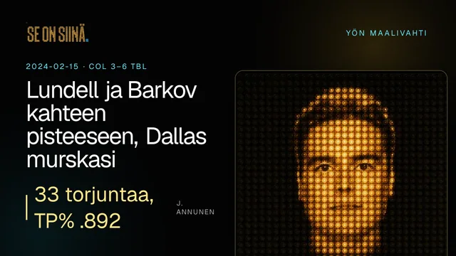 Lundell ja Barkov kahteen pisteeseen, Dallas murskasi Nashvillen. J. Annunen. COL 3–6 TBL