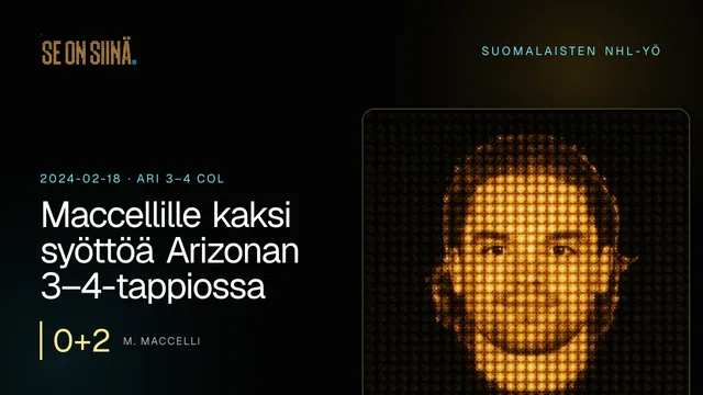 Maccellille kaksi syöttöä Arizonan 3–4-tappiossa. M. Maccelli. ARI 3–4 COL