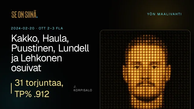 Kakko, Haula, Puustinen, Lundell ja Lehkonen osuivat. J. Korpisalo. OTT 2–3 FLA