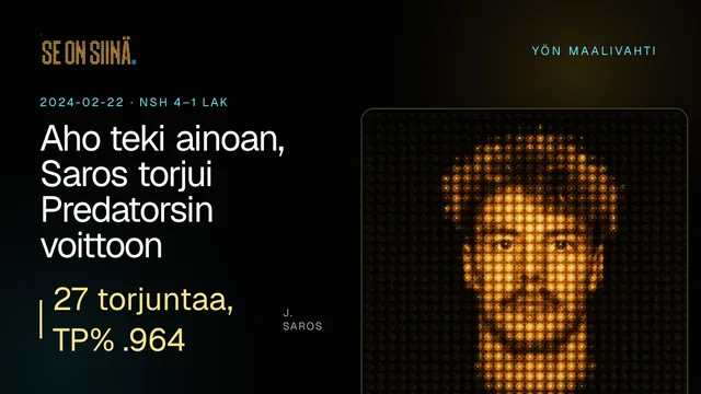 Aho teki ainoan, Saros torjui Predatorsin voittoon. J. Saros. NSH 4–1 LAK