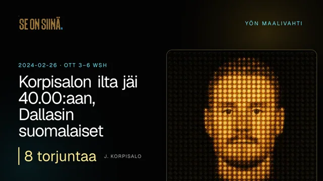 Korpisalon ilta jäi 40.00:aan, Dallasin suomalaiset nollille. J. Korpisalo. OTT 3–6 WSH