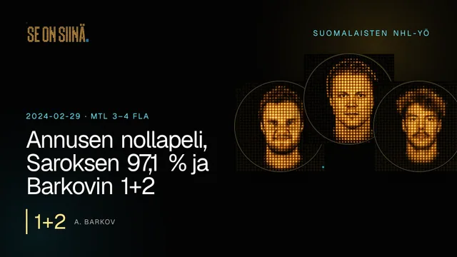Annusen nollapeli, Saroksen 97,1 % ja Barkovin 1+2. A. Barkov, M. Granlund, J. Saros. MTL 3–4 FLA