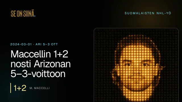 Maccellin 1+2 nosti Arizonan 5–3-voittoon. M. Maccelli. ARI 5–3 OTT