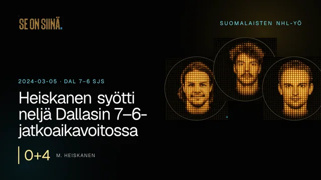 Heiskanen syötti neljä Dallasin 7–6-jatkoaikavoitossa. M. Heiskanen, J. Saros, K. Kahkonen. DAL 7–6 SJS