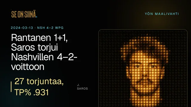 Rantanen 1+1, Saros torjui Nashvillen 4–2-voittoon. J. Saros. NSH 4–2 WPG