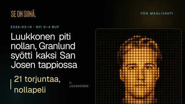 Luukkonen piti nollan, Granlund syötti kaksi San Josen tappiossa. U. Luukkonen. NYI 0–4 BUF
