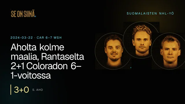 Aholta kolme maalia, Rantaselta 2+1 Coloradon 6–1-voitossa. S. Aho, M. Rantanen, A. Lehkonen. CAR 6–7 WSH