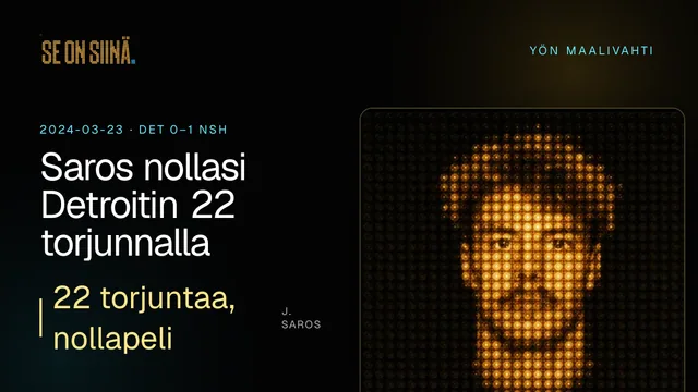 Saros nollasi Detroitin 22 torjunnalla. J. Saros. DET 0–1 NSH