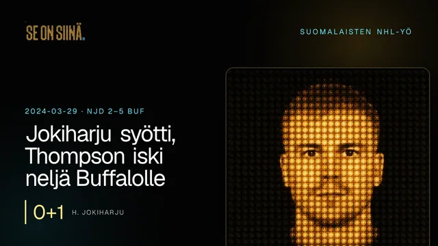 Jokiharju syötti, Thompson iski neljä Buffalolle. H. Jokiharju. NJD 2–5 BUF