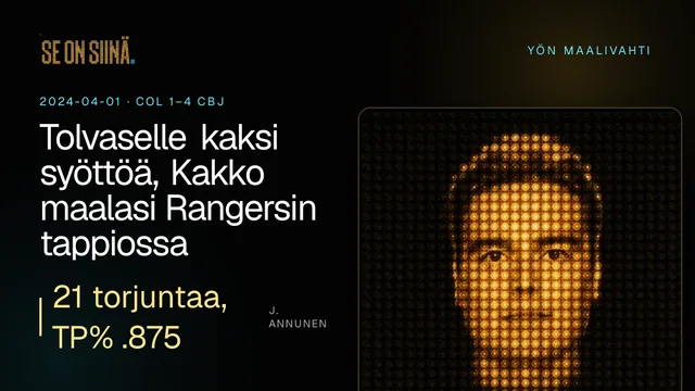 Tolvaselle kaksi syöttöä, Kakko maalasi Rangersin tappiossa. J. Annunen. COL 1–4 CBJ