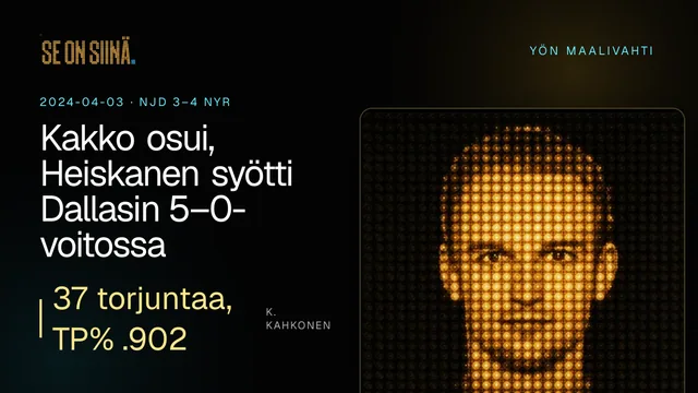 Kakko osui, Heiskanen syötti Dallasin 5–0-voitossa. K. Kahkonen. NJD 3–4 NYR