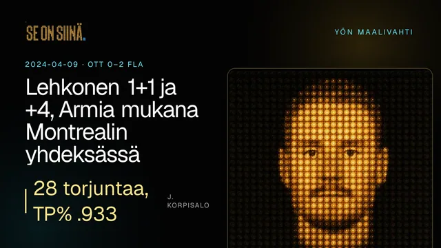 Lehkonen 1+1 ja +4, Armia mukana Montrealin yhdeksässä. J. Korpisalo. OTT 0–2 FLA