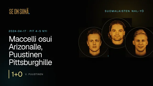 Maccelli osui Arizonalle, Puustinen Pittsburghille. V. Puustinen, M. Maccelli, E. Lindell. PIT 4–5 NYI