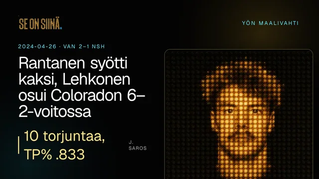 Rantanen syötti kaksi, Lehkonen osui Coloradon 6–2-voitossa. J. Saros. VAN 2–1 NSH