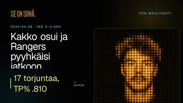 Kakko osui ja Rangers pyyhkäisi jatkoon. J. Saros. VAN 4–3 NSH