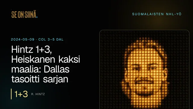 Hintz 1+3, Heiskanen kaksi maalia: Dallas tasoitti sarjan. R. Hintz. COL 3–5 DAL
