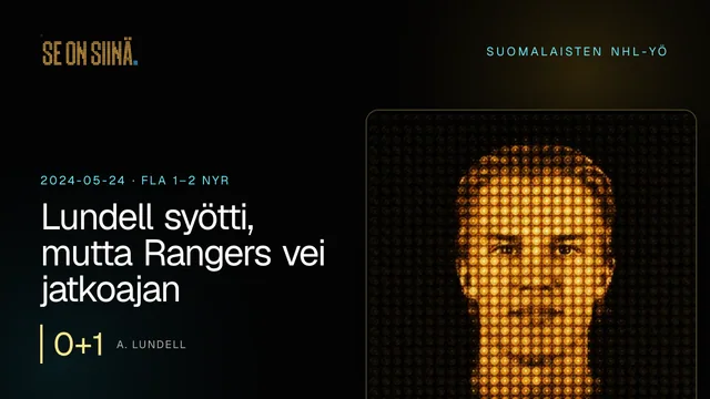 Lundell syötti, mutta Rangers vei jatkoajan. A. Lundell. FLA 1–2 NYR