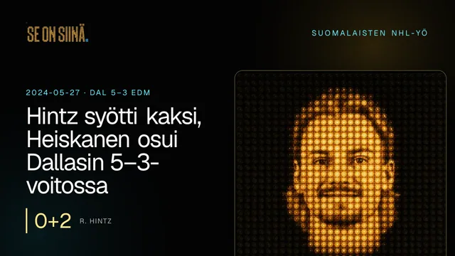 Hintz syötti kaksi, Heiskanen osui Dallasin 5–3-voitossa. R. Hintz. DAL 5–3 EDM