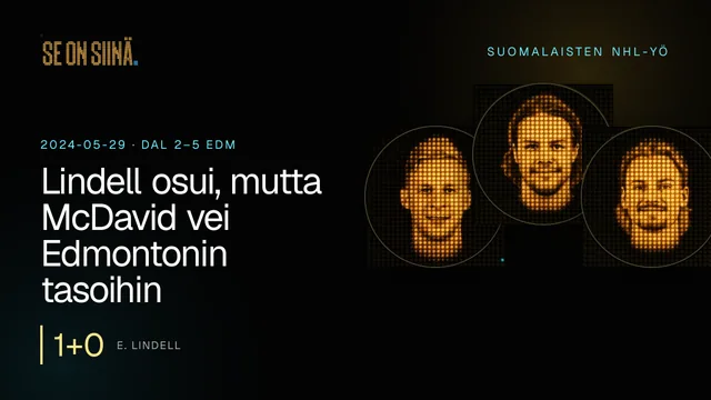 Lindell osui, mutta McDavid vei Edmontonin tasoihin. E. Lindell, M. Heiskanen, R. Hintz. DAL 2–5 EDM
