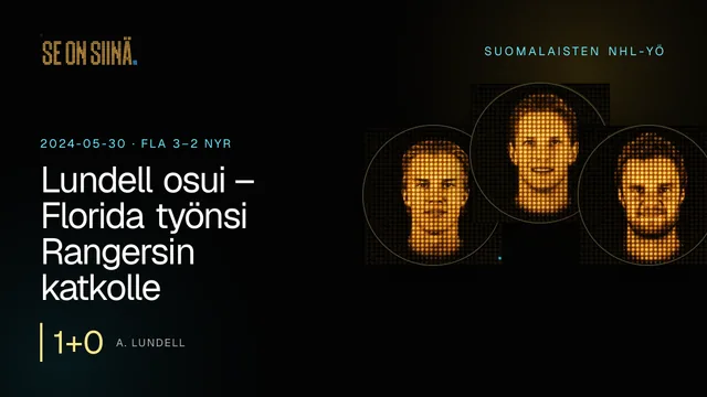 Lundell osui – Florida työnsi Rangersin katkolle. A. Lundell, E. Luostarinen, A. Barkov. FLA 3–2 NYR